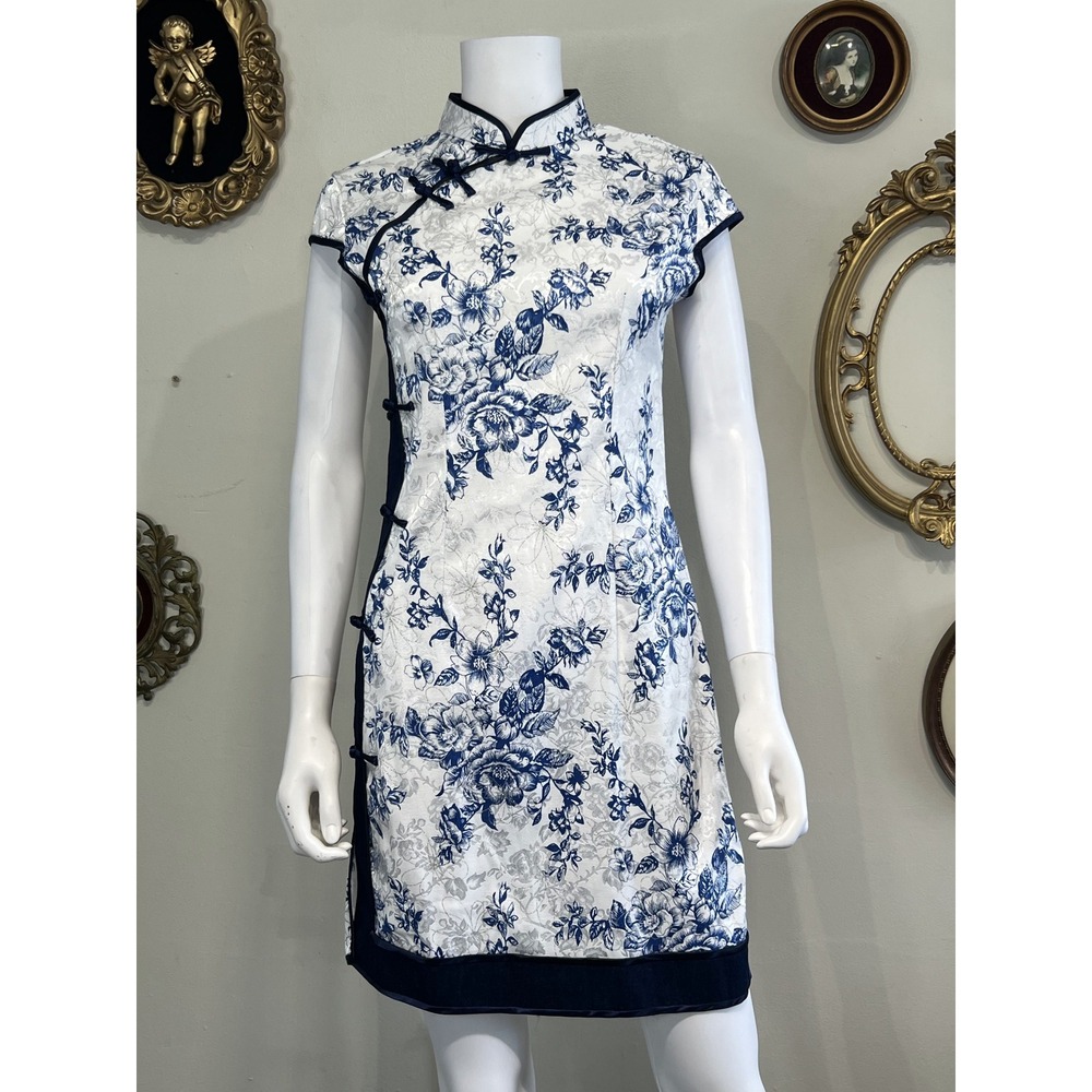 Vintage Hong Mei Blue White Floral Chinese Cheongsam Qipao Mini Dress Size L